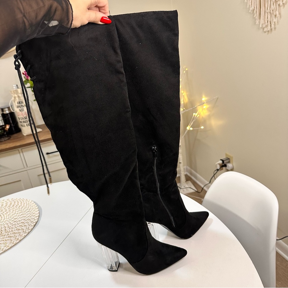Shoe Dazzle Black Over the Knee Boots with Clear Block Heel
